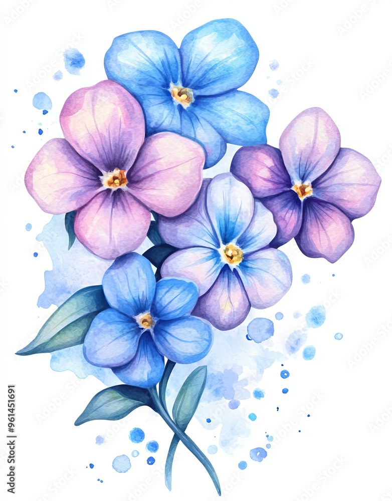 Watercolor illustration of a blue wildflower bouquet with forget-me-nots. Watercolor illustration of a blue wildflower bouquet with forget-me-nots.