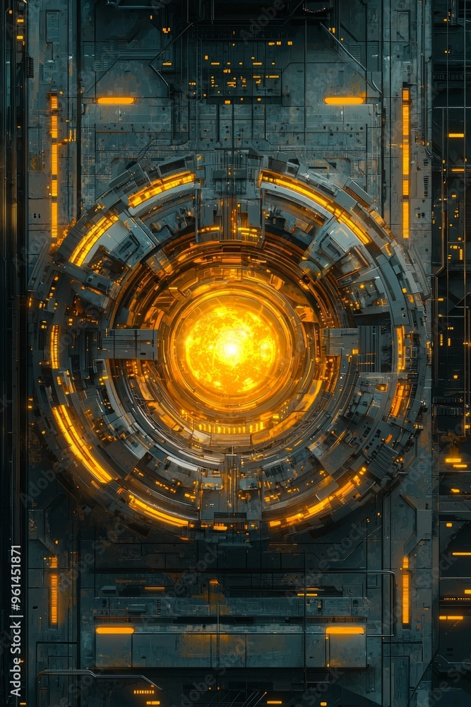 A top-down view of an advanced energy core, glowing with golden light and surrounded by intricate circuitry A top-down view of an advanced energy core, glowing with golden light and surrounded by intricate circuitry