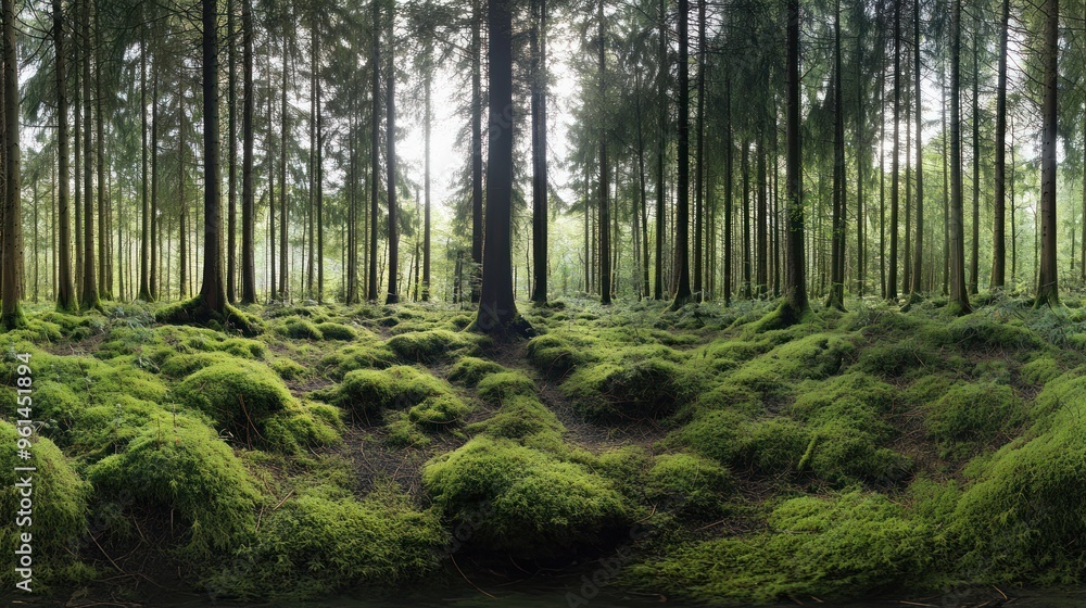 Obraz premium Sunlit Forest With Mossy Ground