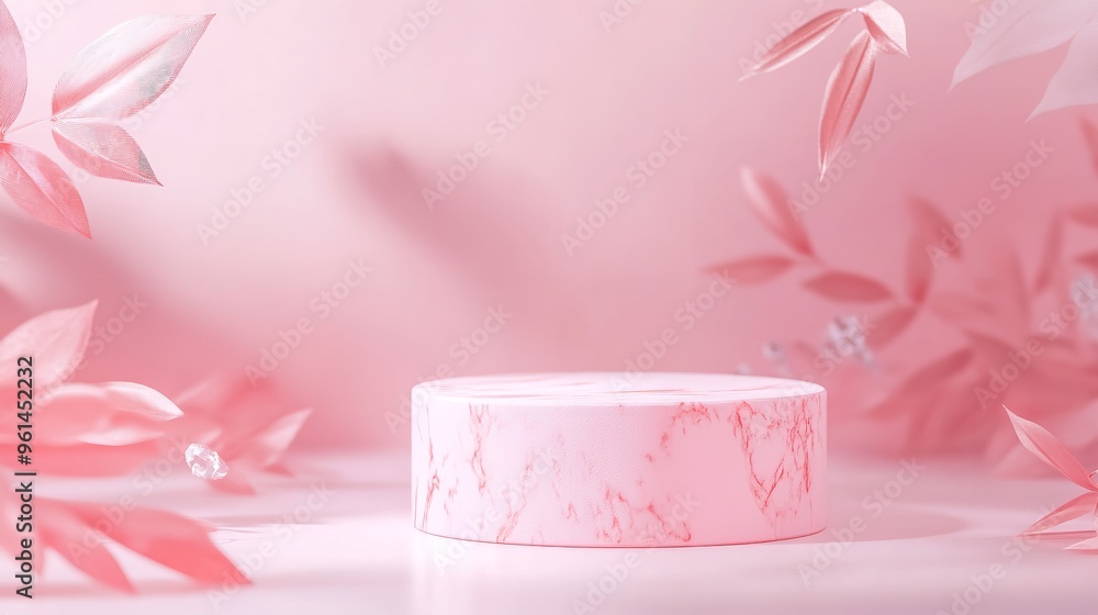 A front view of white podium decorated with flower and pink background with blank space for advertising : Generative AI A front view of white podium decorated with flower and pink background with blank space for advertising : Generative AI