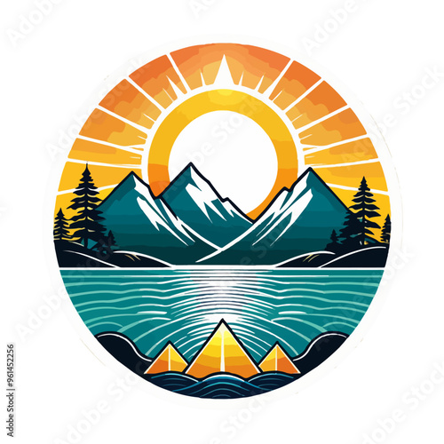 scenic design featuring mountains, a sun, and a tranquil lake