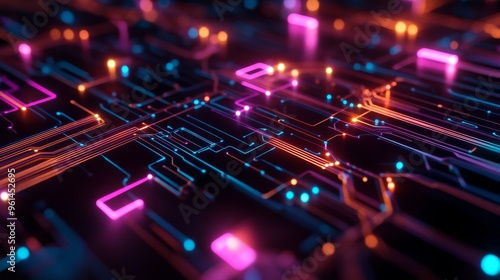 A captivating abstract design featuring glowing neon circuitry, representing the interconnectedness and complexity of modern technology. The vibrant colors and dynamic patterns symbolize innovation, p photo