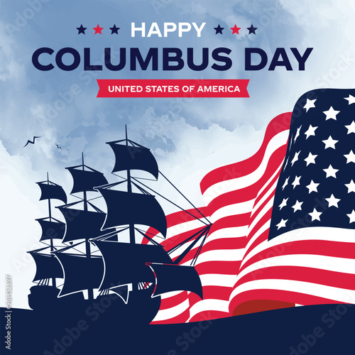 Happy Columbus day background with USA Flag and Sillhouette of Ship. Old marine navy vessel, America flag color combination, celebrate Christopher Columbus discover the America.