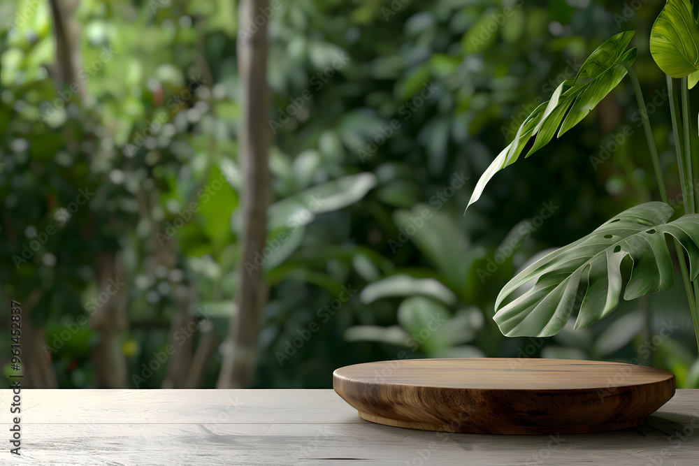 Empty wooden platform with lush tropical leaves in the background, perfect for showcasing products in a natural setting Empty wooden platform with lush tropical leaves in the background, perfect for showcasing products in a natural setting