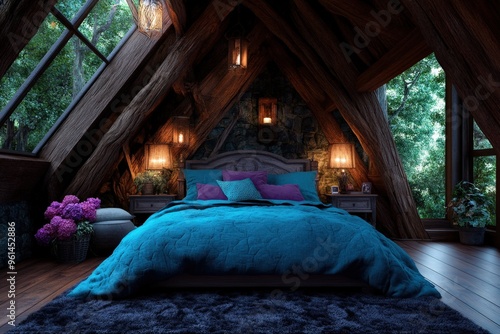 An elegantly designed attic bedroom featuring wooden beams, teal bedding, and tasteful decor. The large windows illuminate the cozy space, creating a serene atmosphere.