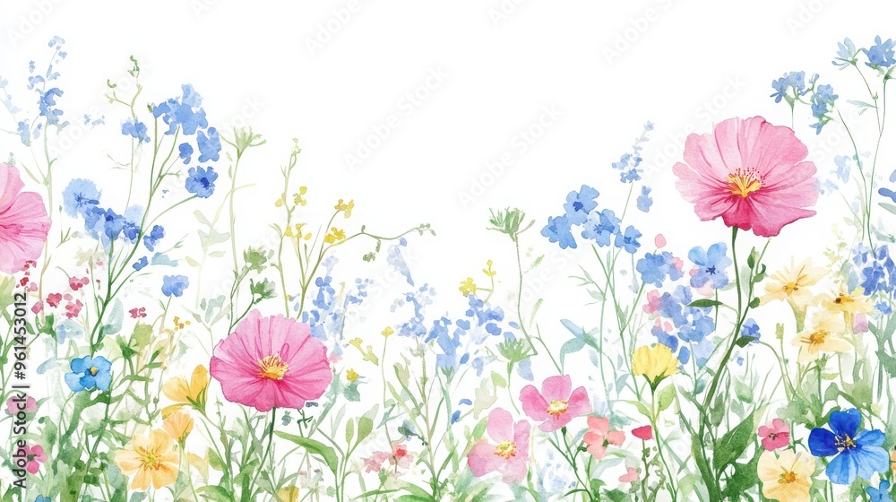 Watercolor wildflower field with a pattern of pink, blue, and yellow flowers along the border on a white background. Watercolor wildflower field with a pattern of pink, blue, and yellow flowers along the border on a white background.