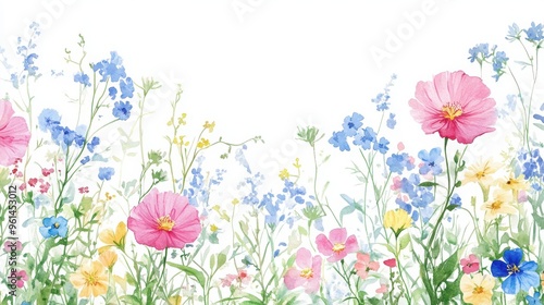 Watercolor wildflower field with a pattern of pink, blue, and yellow flowers along the border on a white background.