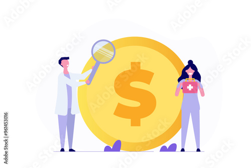 Financial Checkup Concept: Evaluating income, expenses, and investment plans for effective wealth management or insurance. Features a man examine a dollar sign, symbolizing a financial diagnosis. 