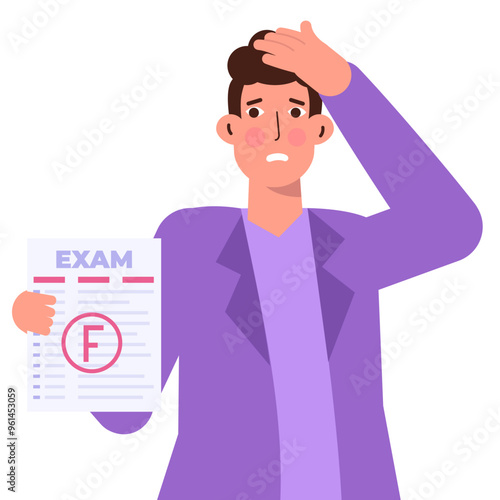 Bad Grade Student, grade f concept. Illustrates a disgruntled student disappointed with a failing test grade.