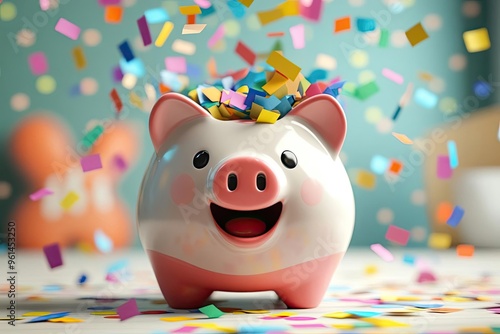 A joyful piggy bank surrounded by colorful confetti, representing savings and celebration.