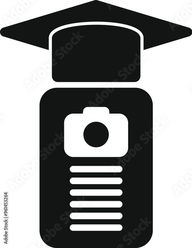 Black and white logo representing a photography school with a smartphone, a graduation hat and a camera