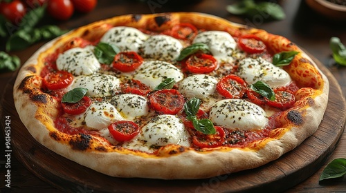 gourmet neapolitan pizza fresh from woodfired oven featuring blistered crust melted buffalo mozzarella vibrant san marzano tomatoes and fragrant basil leaves on rustic wooden board photo