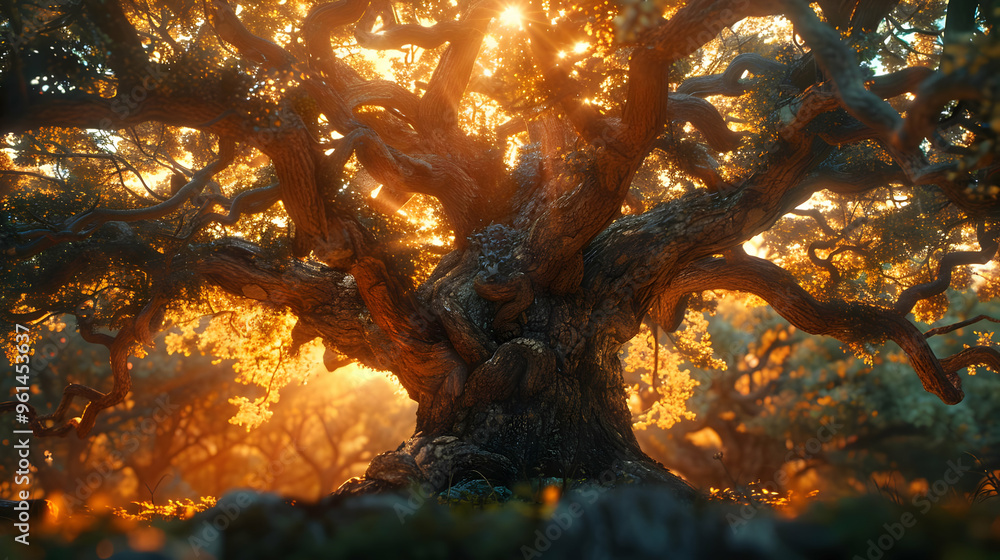Golden Sunlight Through Ancient Tree Branches Illustration Golden Sunlight Through Ancient Tree Branches Illustration