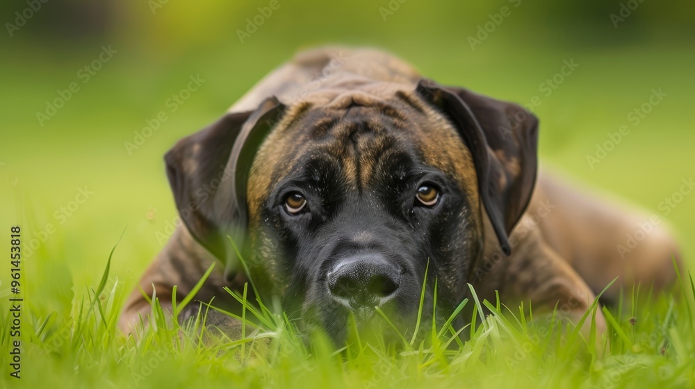 A sad-looking dog in close-up, gazing at the camera from the grass A sad-looking dog in close-up, gazing at the camera from the grass