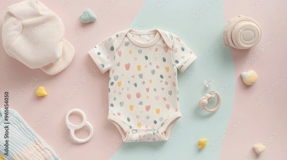 Top view of baby essentials with a focus on a patterned onesie, surrounded by a pacifier, hat, and small blanket, placed on a pastel backdrop. Top view of baby essentials with a focus on a patterned onesie, surrounded by a pacifier, hat, and small blanket, placed on a pastel backdrop.