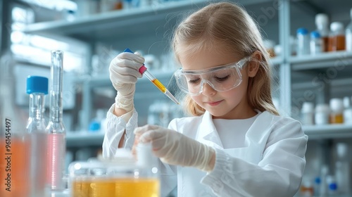 Young girl in lab coat conducting an experiment with colorful liquids in a laboratory setting, showcasing scientific curiosity and encouragement.