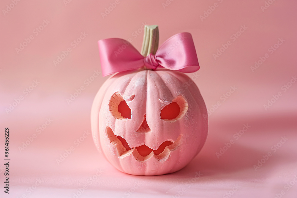 Cute pink carved pumpkin with ribbon on stem in front of pink studio background Cute pink carved pumpkin with ribbon on stem in front of pink studio background