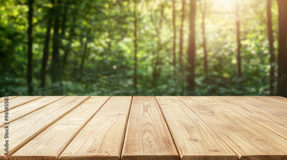 Wooden Tabletop with Blurred Forest Background Wooden Tabletop with Blurred Forest Background