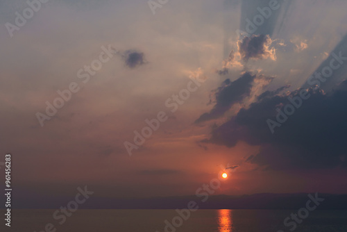 Sunset over the Dead Sea, Madaba province, Jordan photo