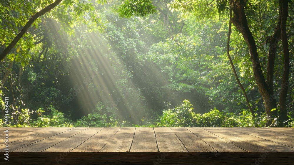 Wooden Tabletop With Sunbeams Through Green Forest Wooden Tabletop With Sunbeams Through Green Forest