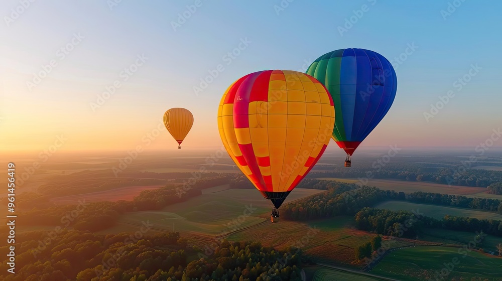 Fototapeta premium Colorful hot air balloons float gracefully over a serene landscape at sunset, creating a picturesque and tranquil scene.