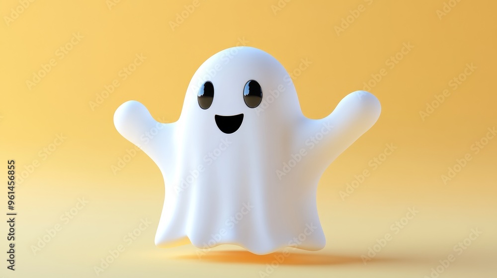 A cheerful 3D white ghost with a friendly smile, floating on a solid yellow background. This image represents joy, innocence, and the fun spirit of Halloween. It can also be used to symbolize the acce A cheerful 3D white ghost with a friendly smile, floating on a solid yellow background. This image represents joy, innocence, and the fun spirit of Halloween. It can also be used to symbolize the acce