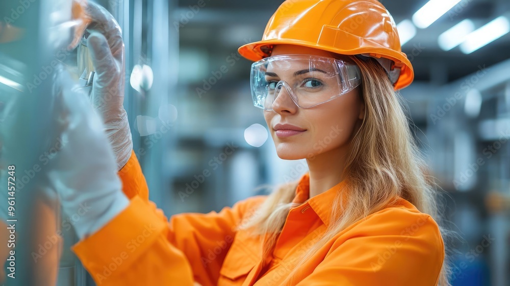 Confident female worker in orange uniform with hard hat inspecting equipment in modern facility.