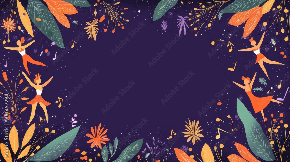 Obraz premium Colorful Floral Frame With Dancing Women Illustration