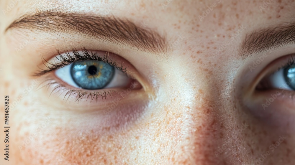 Fototapeta premium A close-up image capturing the intricate details of a woman's eye with freckles. The blue iris and eyelashes are clearly visible, while the surrounding skin showcases a natural beauty with scattered f