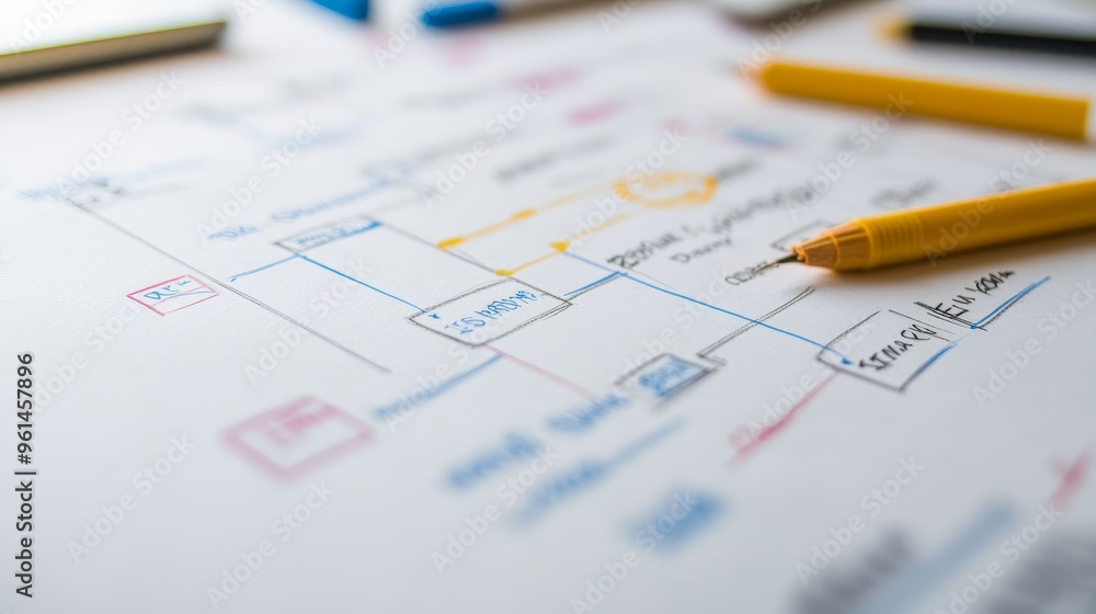 Fototapeta premium A close-up image of a database schema diagram drawn on a whiteboard, showcasing a detailed design process. The image highlights the use of different colors to represent different data relationships an