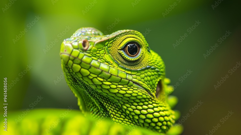 Fototapeta premium close-up of a green lizard's head against a blurred, consistent green background