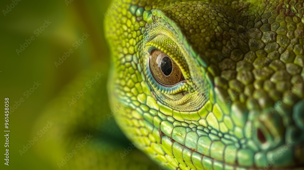 Fototapeta premium A tight shot of a green lizard's eye Surrounding background of grass and leaves subtly blurred
