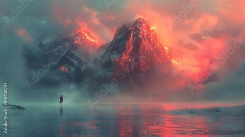 A lone figure stands on a frozen lake, gazing at a towering mountain bathed in an ethereal red glow. photo