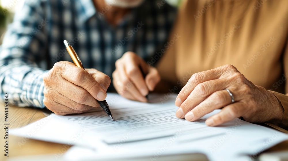A close-up image of an elderly couple reviewing their pension plan, highlighting the importance of financial planning and security for retirement. The image symbolizes financial planning, retirement p