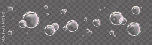 Soap Bubbles,Vector Collection Realistic Clear Bubbles on transparent background. Vector flying set Air foam shampoo bubbles