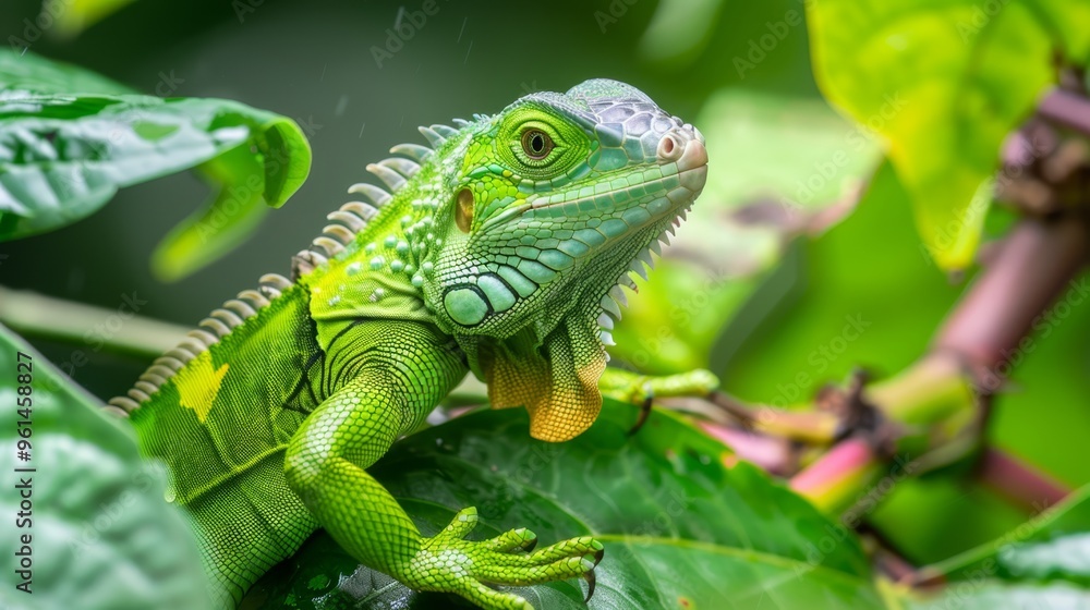 Fototapeta premium A tight shot of a green iguana perched on a branch laden with leaves, beneath a cascading rain shower