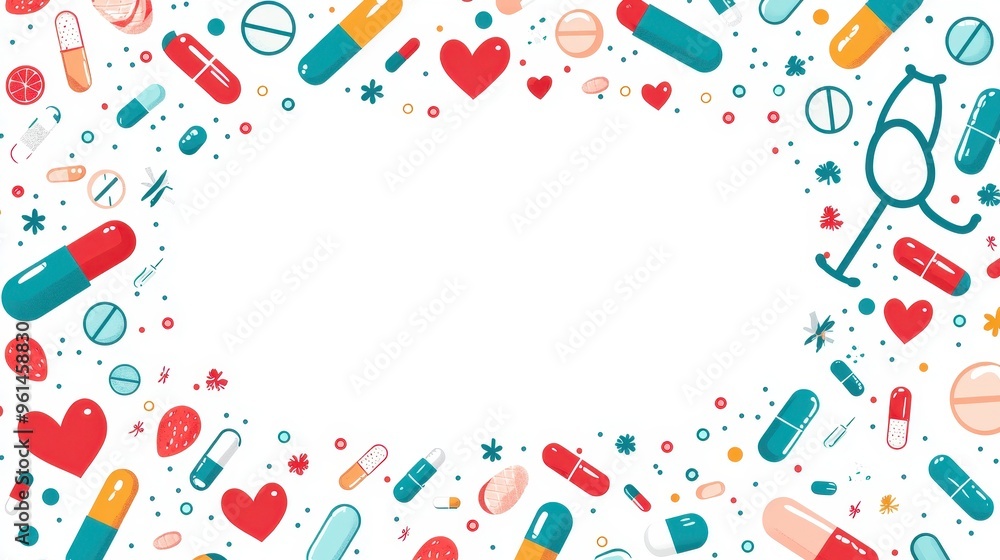 Colorful Medical Background with Pills Stethoscope and Hearts Colorful Medical Background with Pills Stethoscope and Hearts