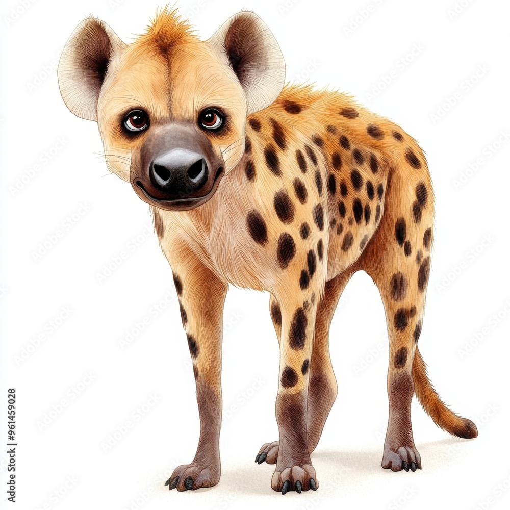 A cute and playful cartoon hyena with large eyes and unique spots, showcasing its friendly personality. A cute and playful cartoon hyena with large eyes and unique spots, showcasing its friendly personality.