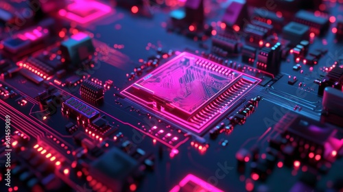 A close-up of a circuit board with a glowing neon processor. The image symbolizes innovation, technology, connectivity, and the future of computing.