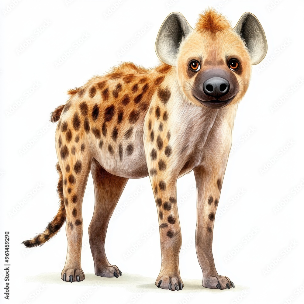 A playful cartoon hyena with a charming expression, showcasing its distinctive spots and captivating features.