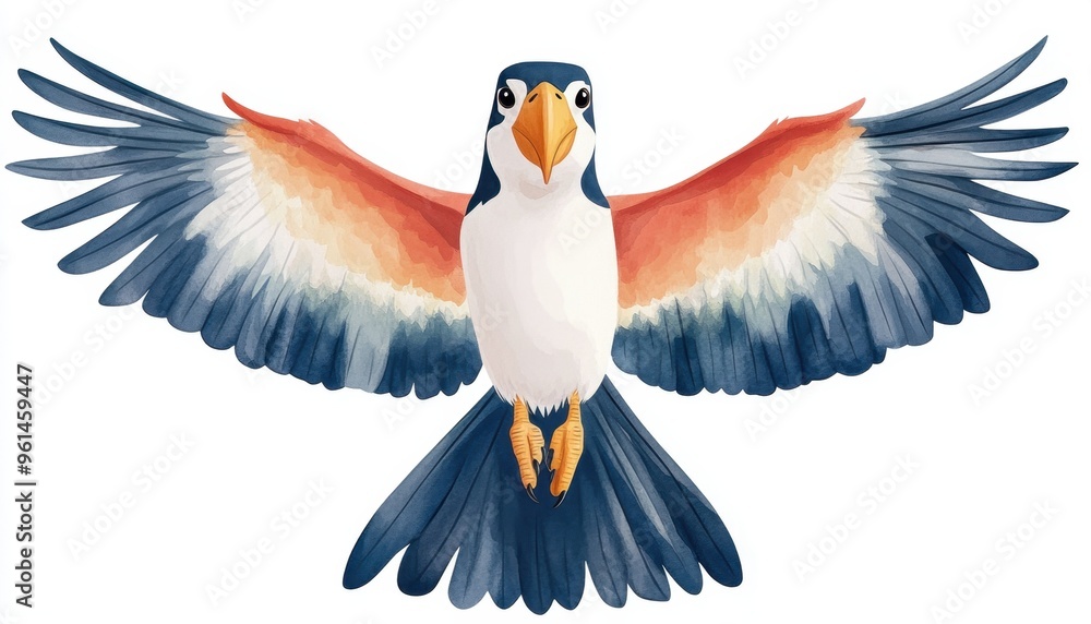 Obraz premium A vibrant bird spreads its colorful wings, showcasing stunning feathers in shades of blue, orange, and white, full of life and energy.