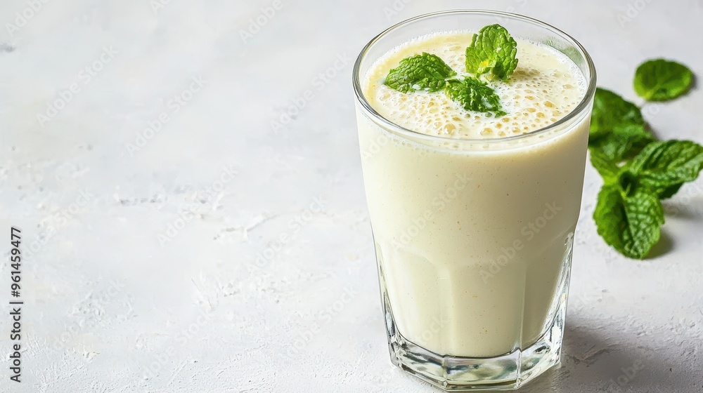 Refreshing Mint Lassi Drink in Glass on White Background Refreshing Mint Lassi Drink in Glass on White Background