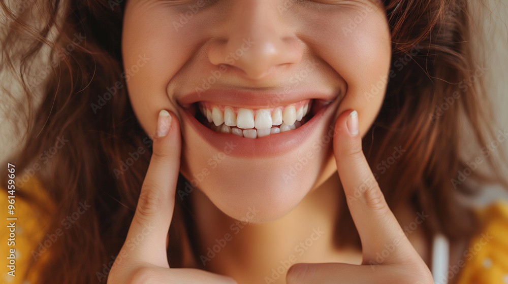 Happy beautiful young woman smiling showing white teeth hand touching face Happy beautiful young woman smiling showing white teeth hand touching face