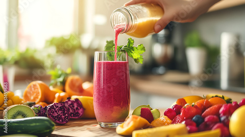 Fototapeta Naklejka Na Ścianę i Meble -  A person preparing a colorful smoothie with fresh fruits and vegetables in a bright kitchen 