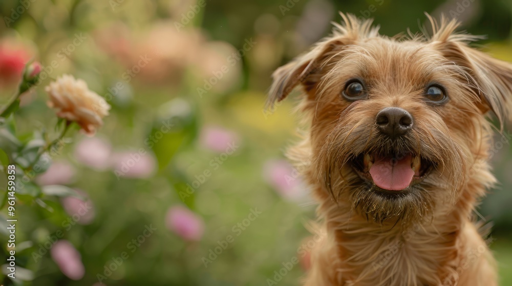 A tight shot of a dog holding a flower in the foreground, surrounded by out-of-focus blooms in the background A tight shot of a dog holding a flower in the foreground, surrounded by out-of-focus blooms in the background