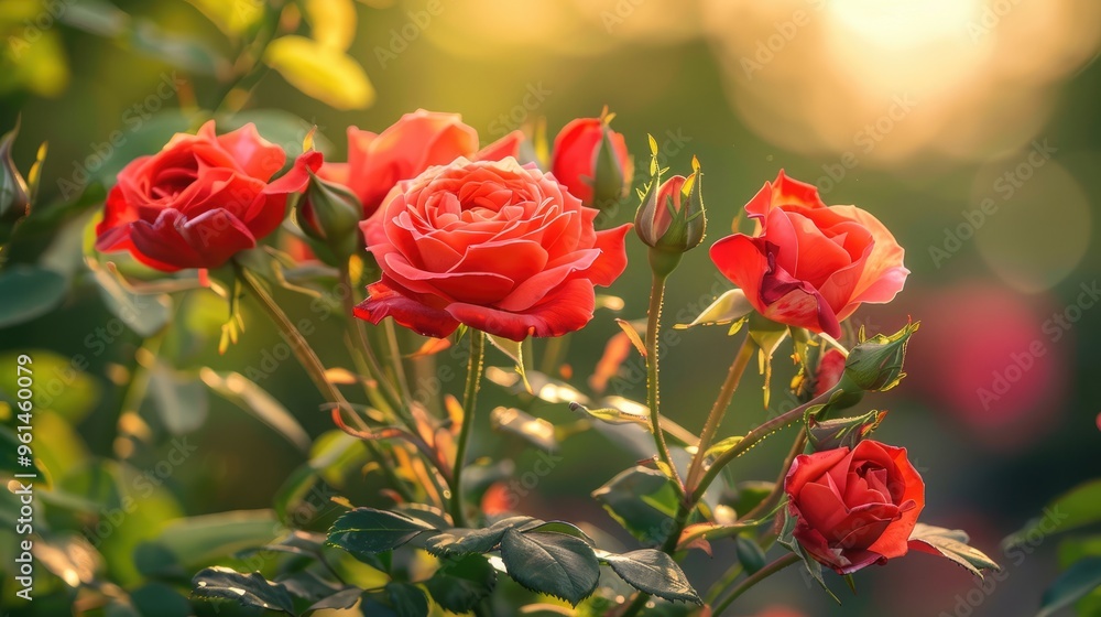 Vibrant red roses in sunlight capture in a stunning floral arrangement for greeting cards or wallpapers Vibrant red roses in sunlight capture in a stunning floral arrangement for greeting cards or wallpapers