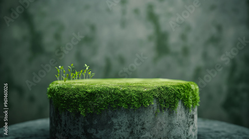 Podium with green moss for product display