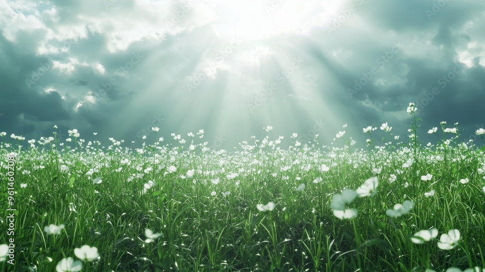 Fototapeta premium White Flowers Field Sunny Sky Green Grass Nature Landscape