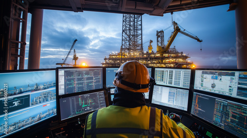 A worker monitors operations on an offshore oil rig, surrounded by advanced technology at sunset, highlighting industry precision.