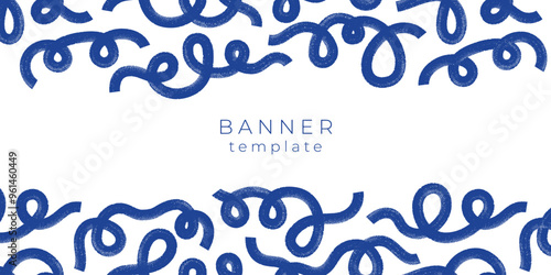 Curly brush lines, strokes banner, poster template. Thin squiggles, loops on vector background